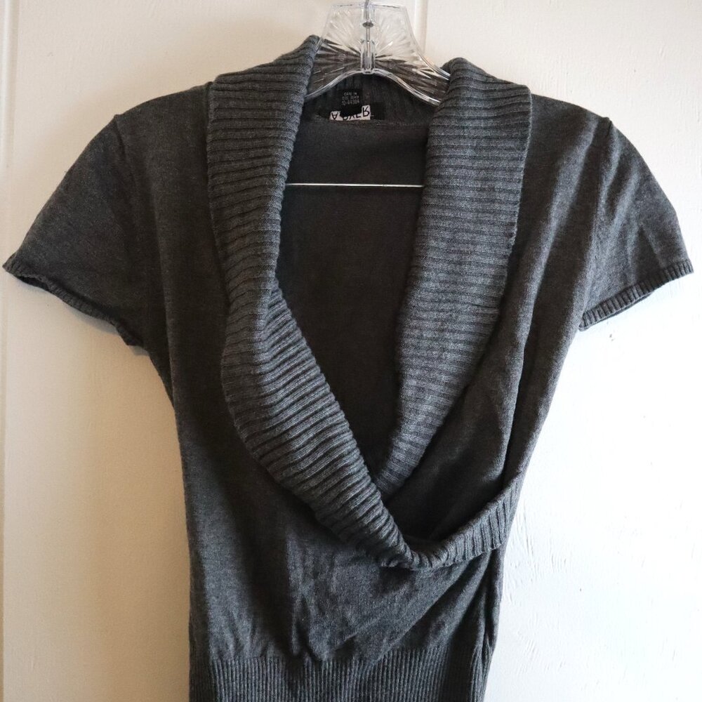 Y2K Gray Cowl Neck Short Sleeve Sweater V-Neck Wrap Top Womens Medium